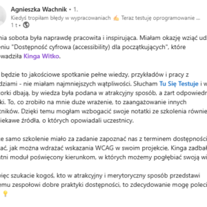 Screenshot pochwały od uczestniczki kursu na LinkedInie
